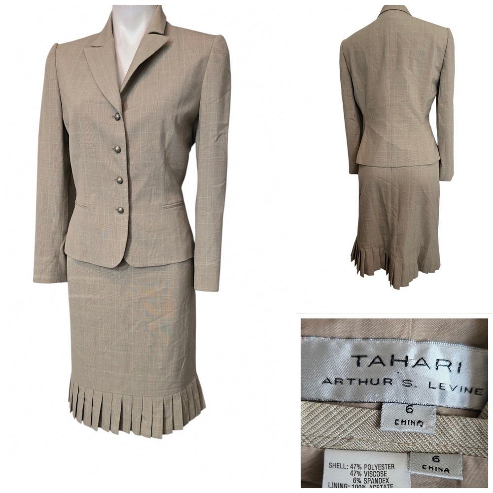 Tahari ASL Tan Glen Plaid Skirt Suit Set Pleated Ruffle Hem Size 6